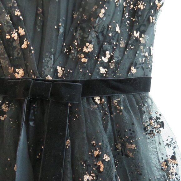 MARCHESA NOTTE Flocked Glitter Tulle Tea Length Dress Black Gold - Size 4 - Picture 6 of 15